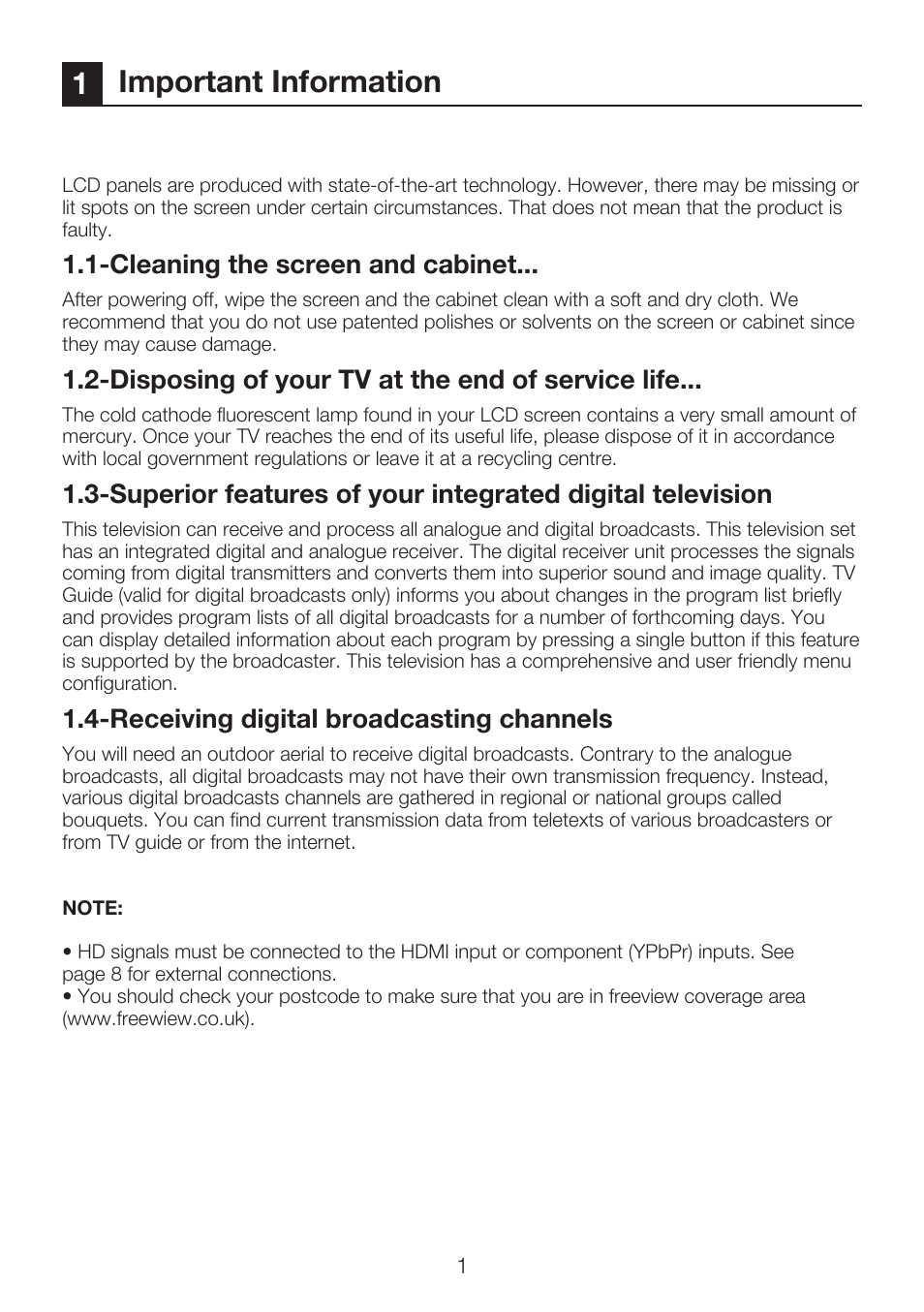 1important information, Cleaning the screen and cabinet, Disposing of your tv at the end of service life | Receiving digital broadcasting channels | Beko 40WLU550FHID User Manual | Page 3 / 37