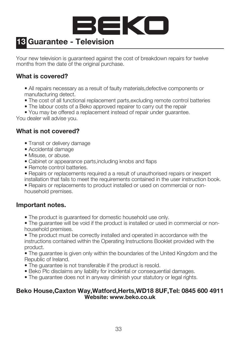 13 guarantee - television | Beko 40WLU550FHID User Manual | Page 35 / 37