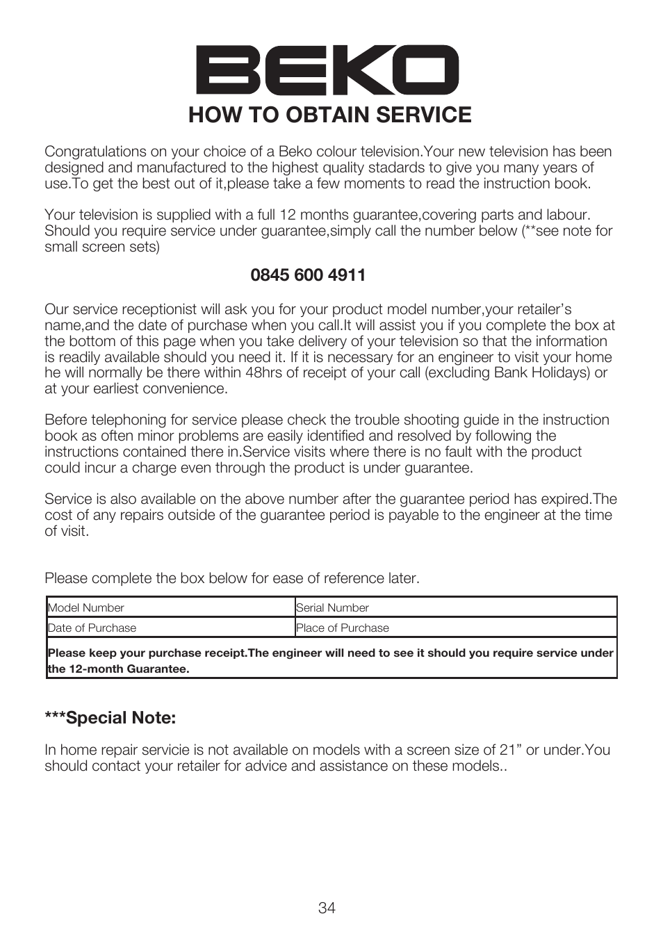 13 how to obtain service | Beko 40WLU550FHID User Manual | Page 36 / 37