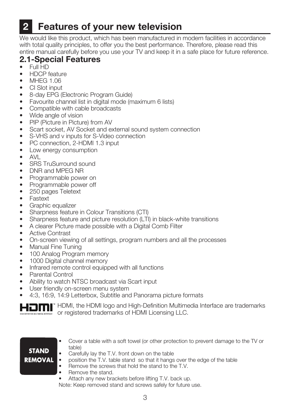 2features of your new television, Special features | Beko 40WLU550FHID User Manual | Page 5 / 37