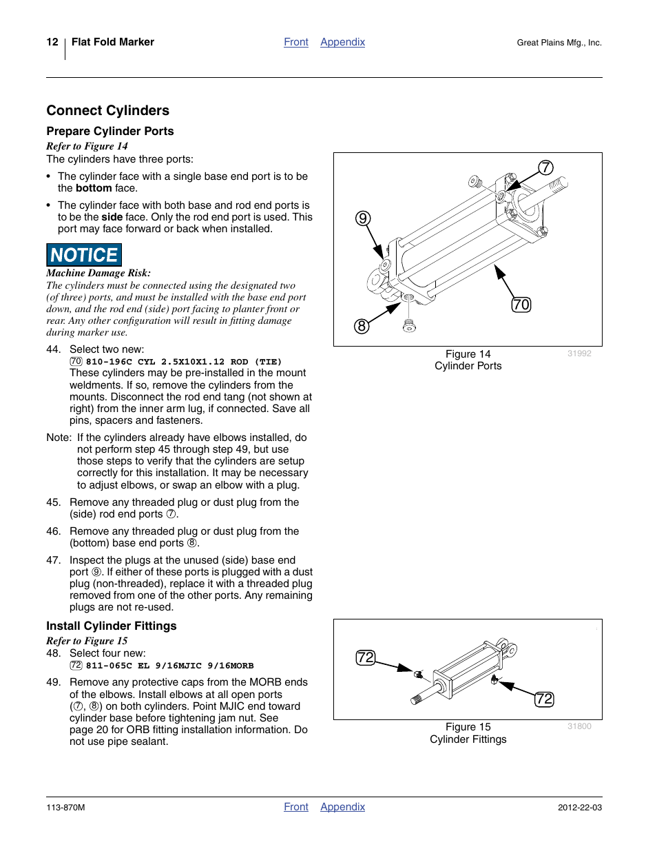 Connect cylinders, Prepare cylinder ports, Install cylinder fittings | Great Plains YP925TD Assembly Instructions User Manual | Page 12 / 22