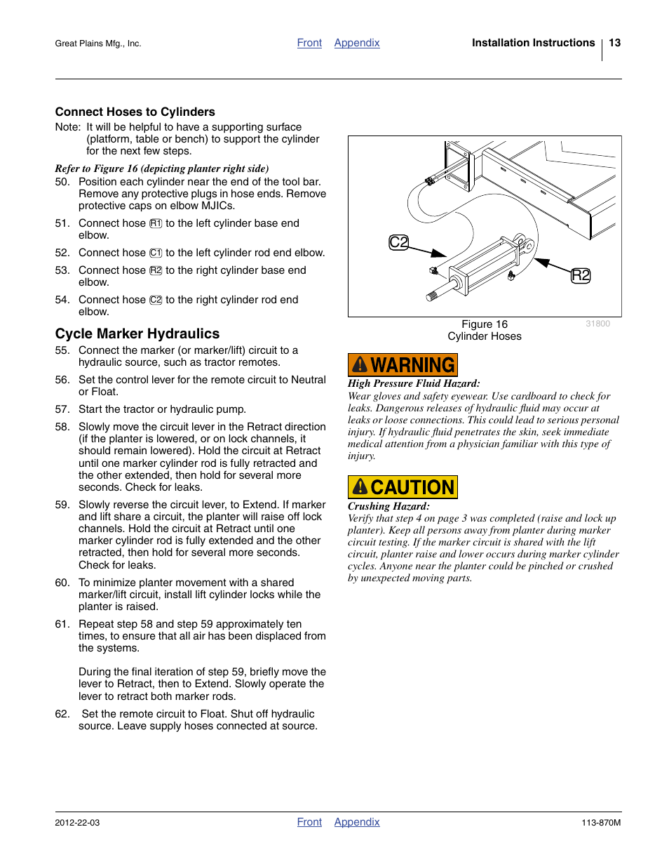 Connect hoses to cylinders, Cycle marker hydraulics, R2 c2 | Great Plains YP925TD Assembly Instructions User Manual | Page 13 / 22