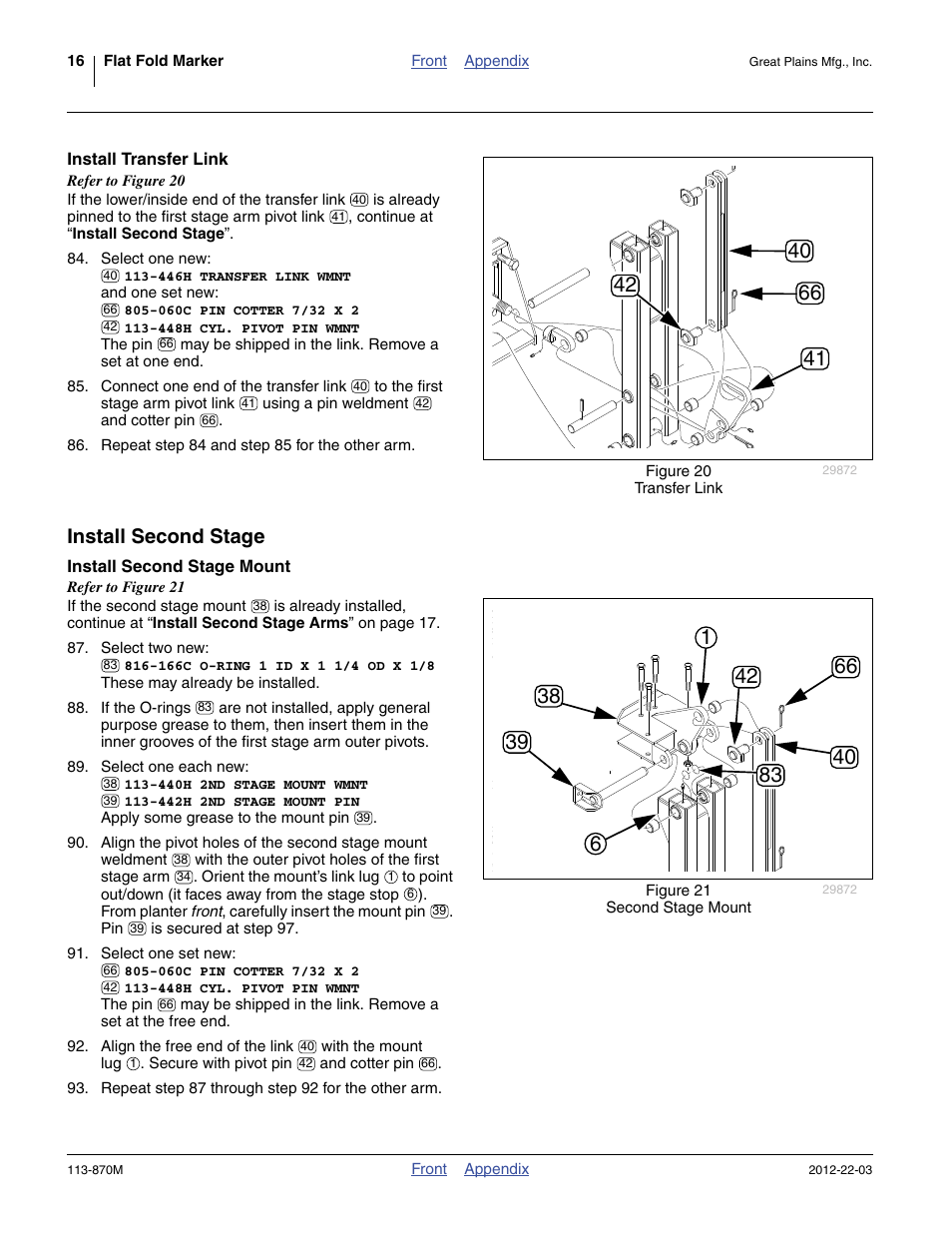 Install transfer link, Install second stage, Install second stage mount | Great Plains YP925TD Assembly Instructions User Manual | Page 16 / 22