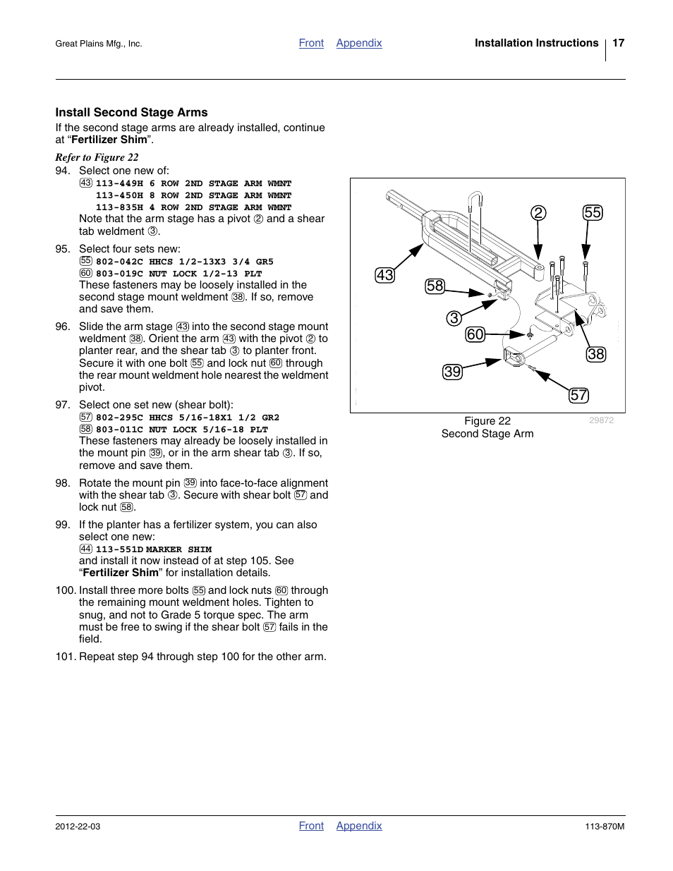 Install second stage arms, Is secured at step 97 | Great Plains YP925TD Assembly Instructions User Manual | Page 17 / 22