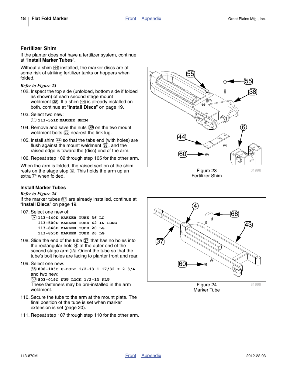 Fertilizer shim, Install marker tubes, At “ fertilizer shim | Great Plains YP925TD Assembly Instructions User Manual | Page 18 / 22