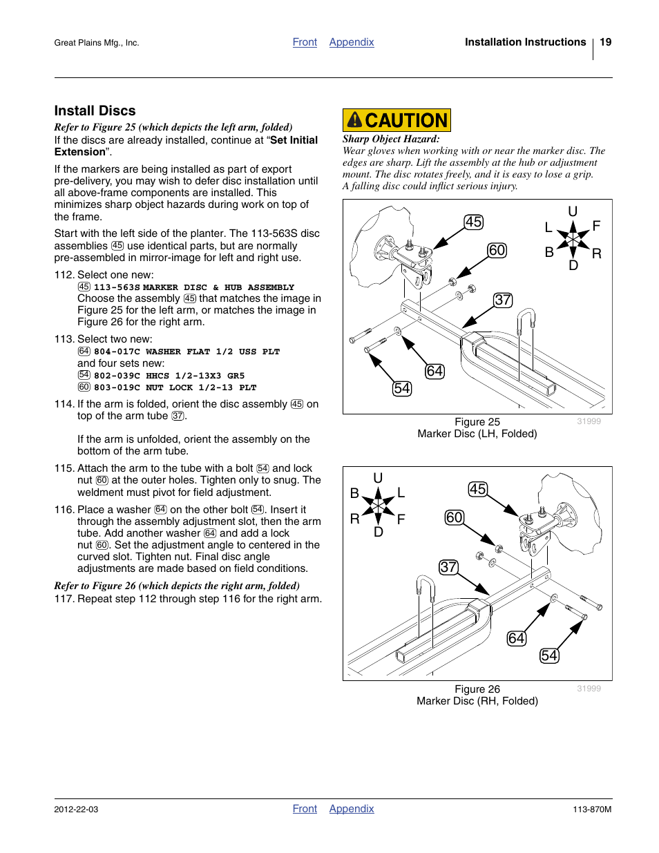 Install discs | Great Plains YP925TD Assembly Instructions User Manual | Page 19 / 22