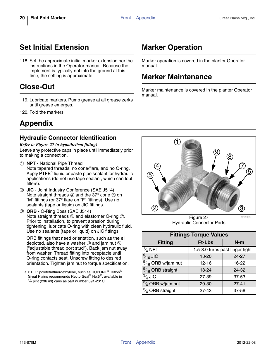 Set initial extension, Close-out, Marker operation | Marker maintenance, Appendix, Hydraulic connector identification, Ue at “ set initial extension | Great Plains YP925TD Assembly Instructions User Manual | Page 20 / 22