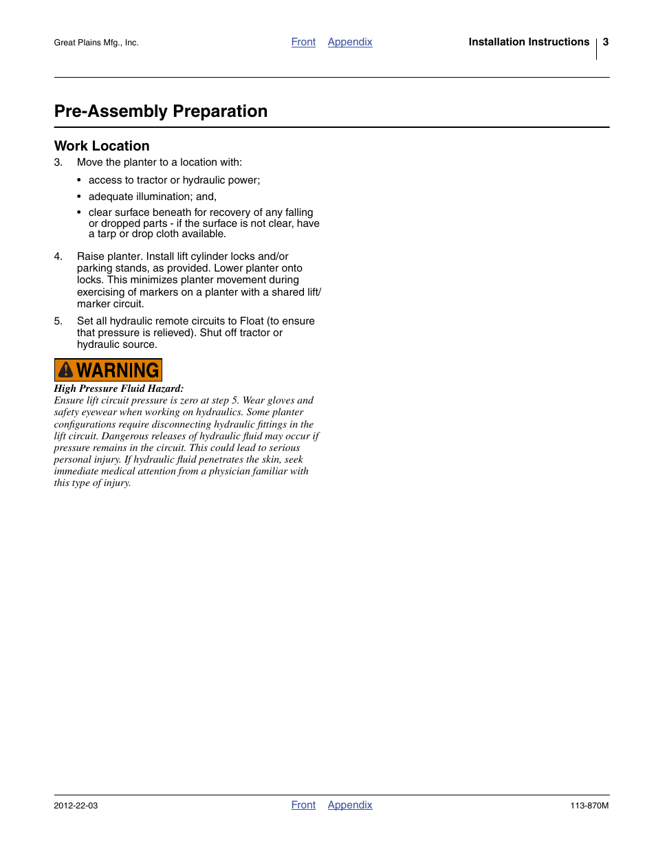 Pre-assembly preparation, Work location | Great Plains YP925TD Assembly Instructions User Manual | Page 3 / 22