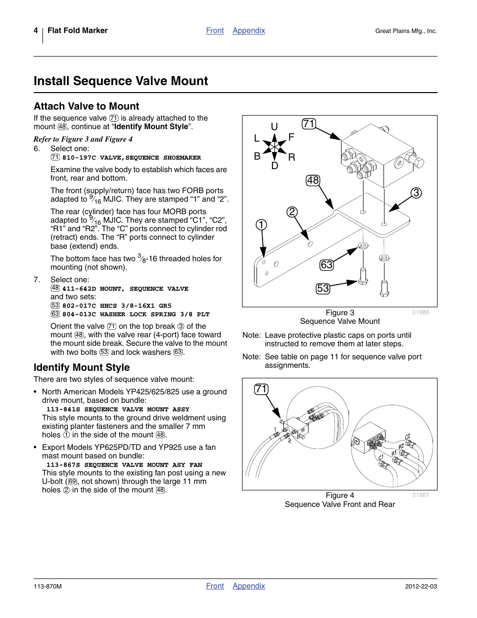 Install sequence valve mount, Attach valve to mount, Identify mount style | Great Plains YP925TD Assembly Instructions User Manual | Page 4 / 22