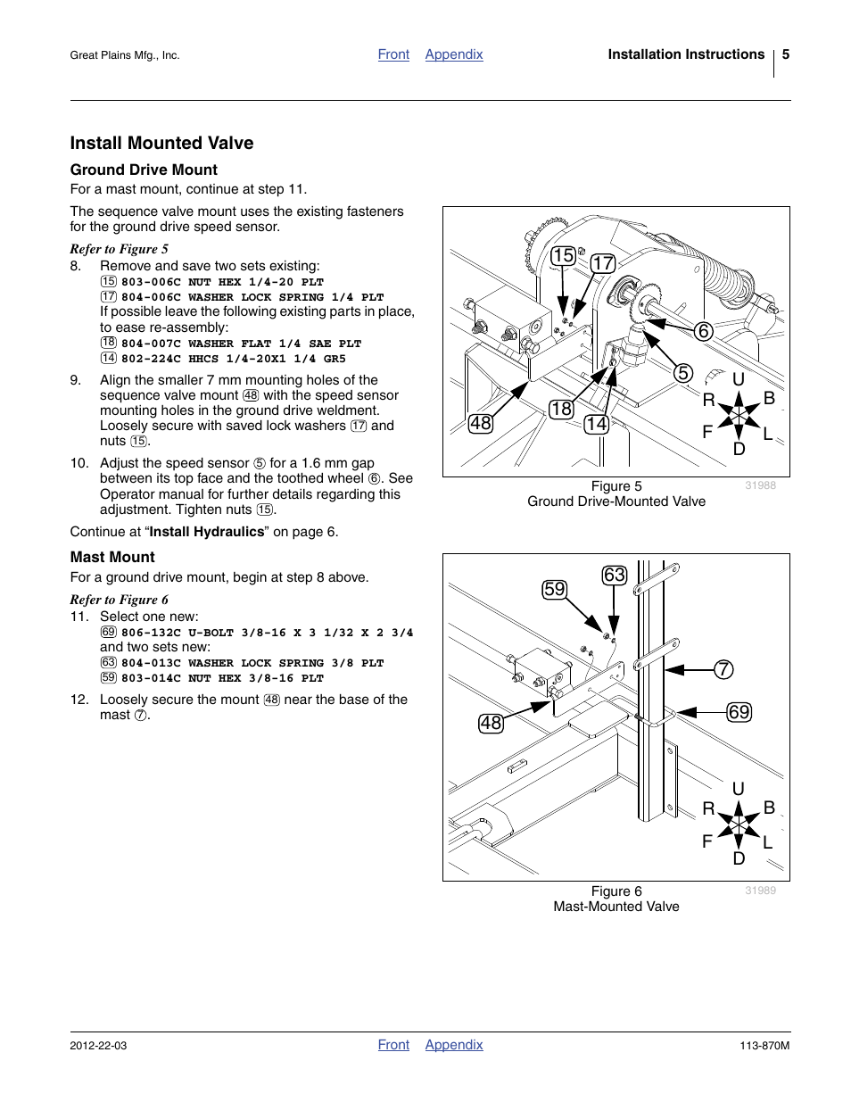 Install mounted valve, Ground drive mount, Mast mount | Great Plains YP925TD Assembly Instructions User Manual | Page 5 / 22