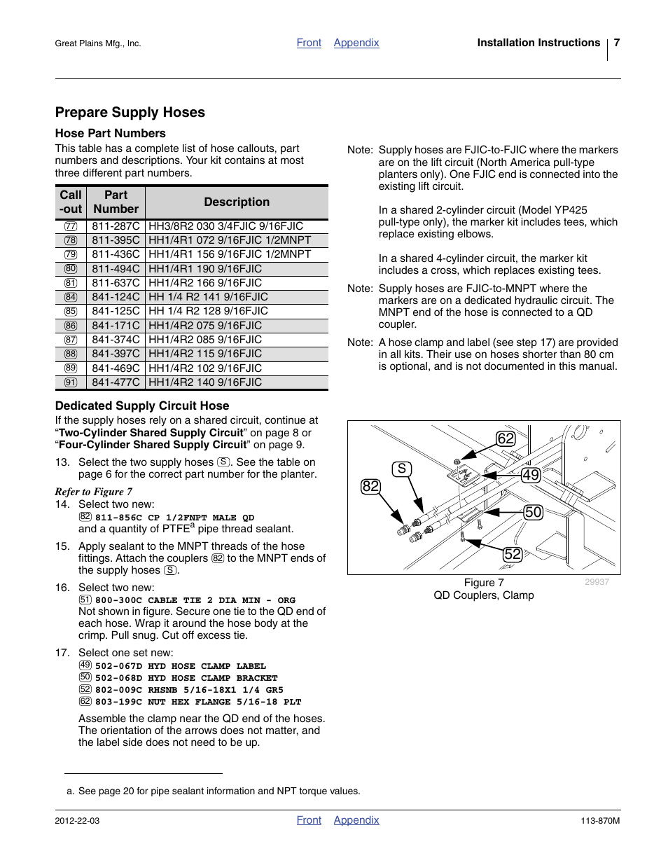 Prepare supply hoses, Hose part numbers, Dedicated supply circuit hose | Great Plains YP925TD Assembly Instructions User Manual | Page 7 / 22