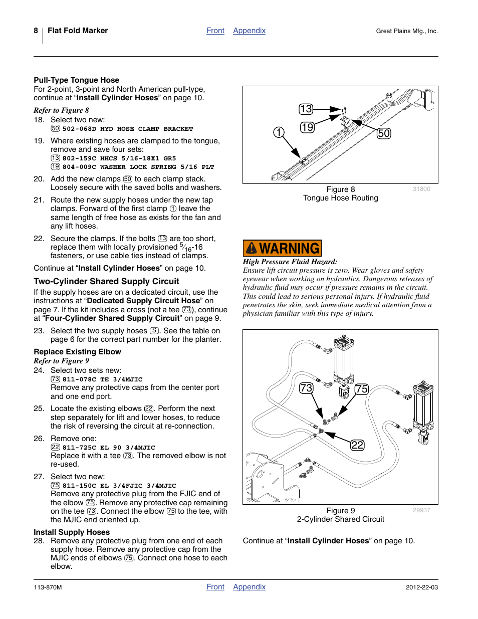 Pull-type tongue hose, Two-cylinder shared supply circuit, Replace existing elbow | Install supply hoses | Great Plains YP925TD Assembly Instructions User Manual | Page 8 / 22