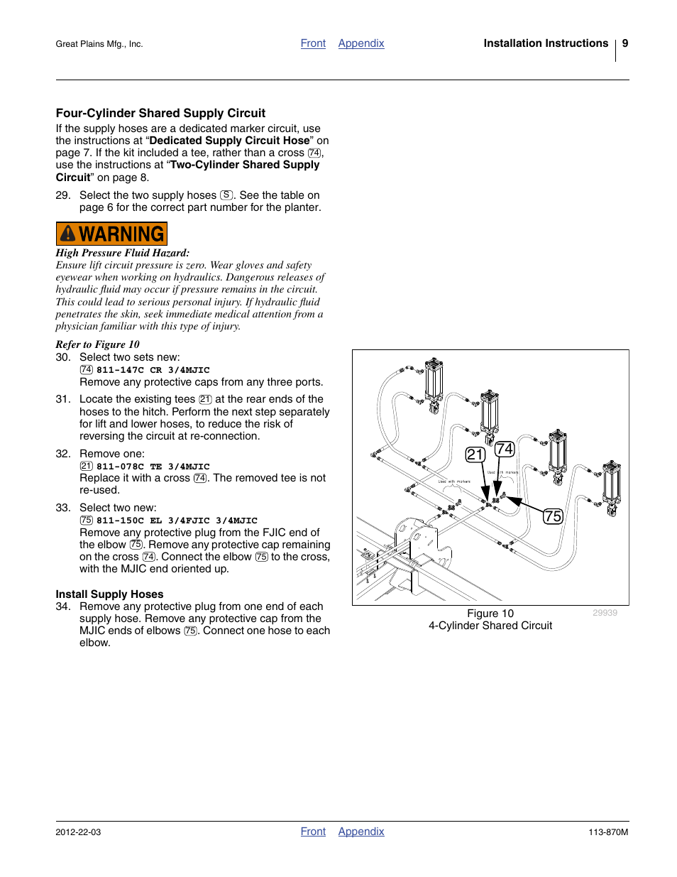 Four-cylinder shared supply circuit, Install supply hoses | Great Plains YP925TD Assembly Instructions User Manual | Page 9 / 22