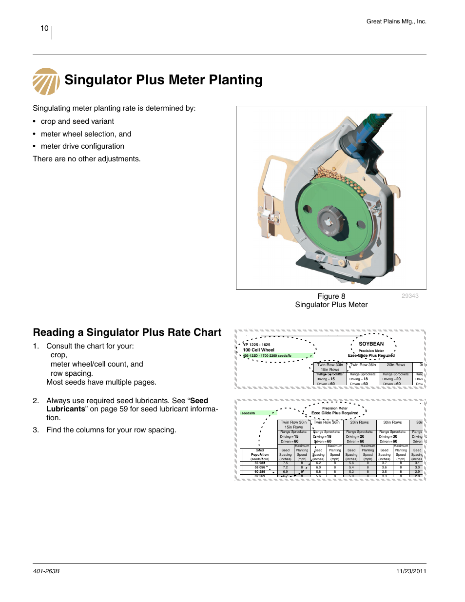 Singulator plus meter planting, Reading a singulator plus rate chart, Figure 8 singulator plus meter | Great plains mfg., inc | Great Plains YP1625 Material Rate User Manual | Page 14 / 104