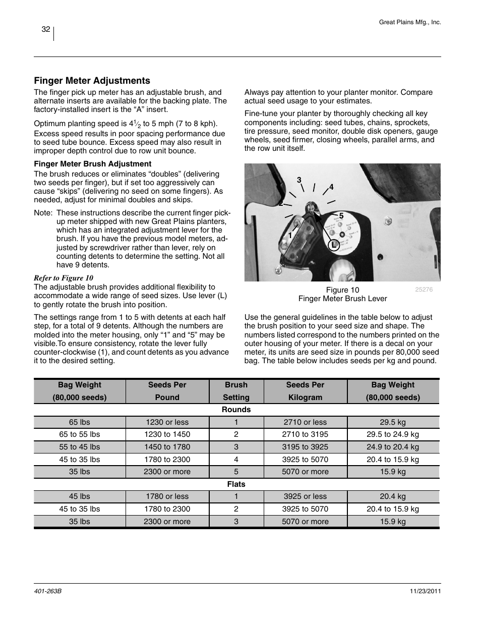 Finger meter adjustments, Finger meter brush adjustment | Great Plains YP1625 Material Rate User Manual | Page 36 / 104