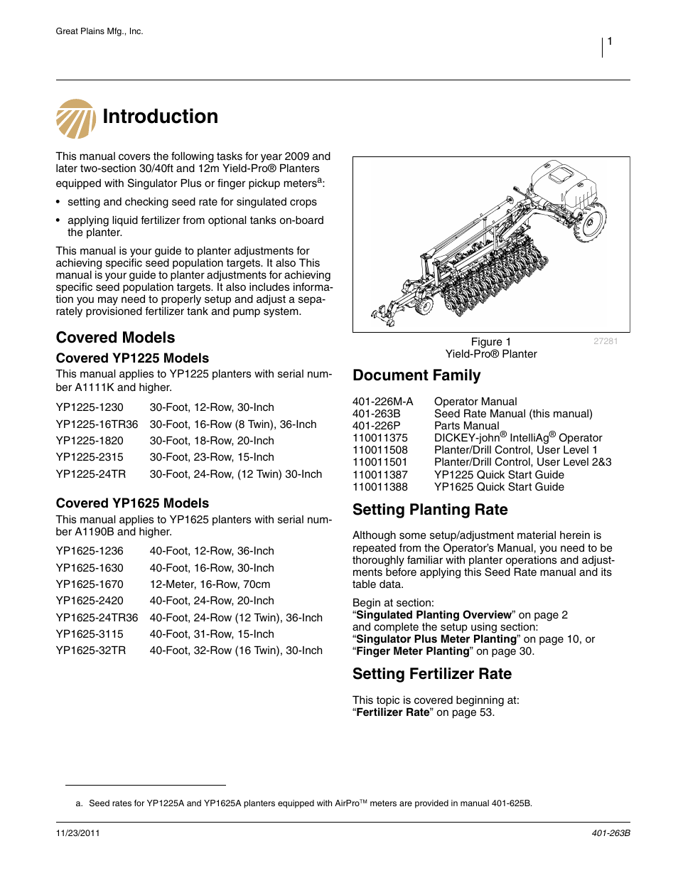 Introduction, Covered models, Covered yp1225 models | Covered yp1625 models, Document family, Setting planting rate, Setting fertilizer rate, Introduction covered models, Covered yp1225 models covered yp1625 models | Great Plains YP1625 Material Rate User Manual | Page 5 / 104