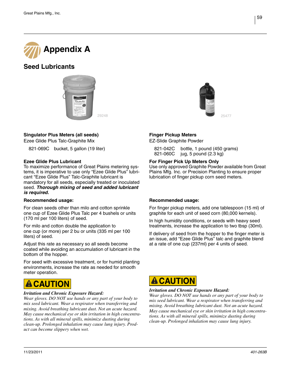 Appendix a, Seed lubricants, Appendix a seed lubricants | Great Plains YP1625 Material Rate User Manual | Page 63 / 104