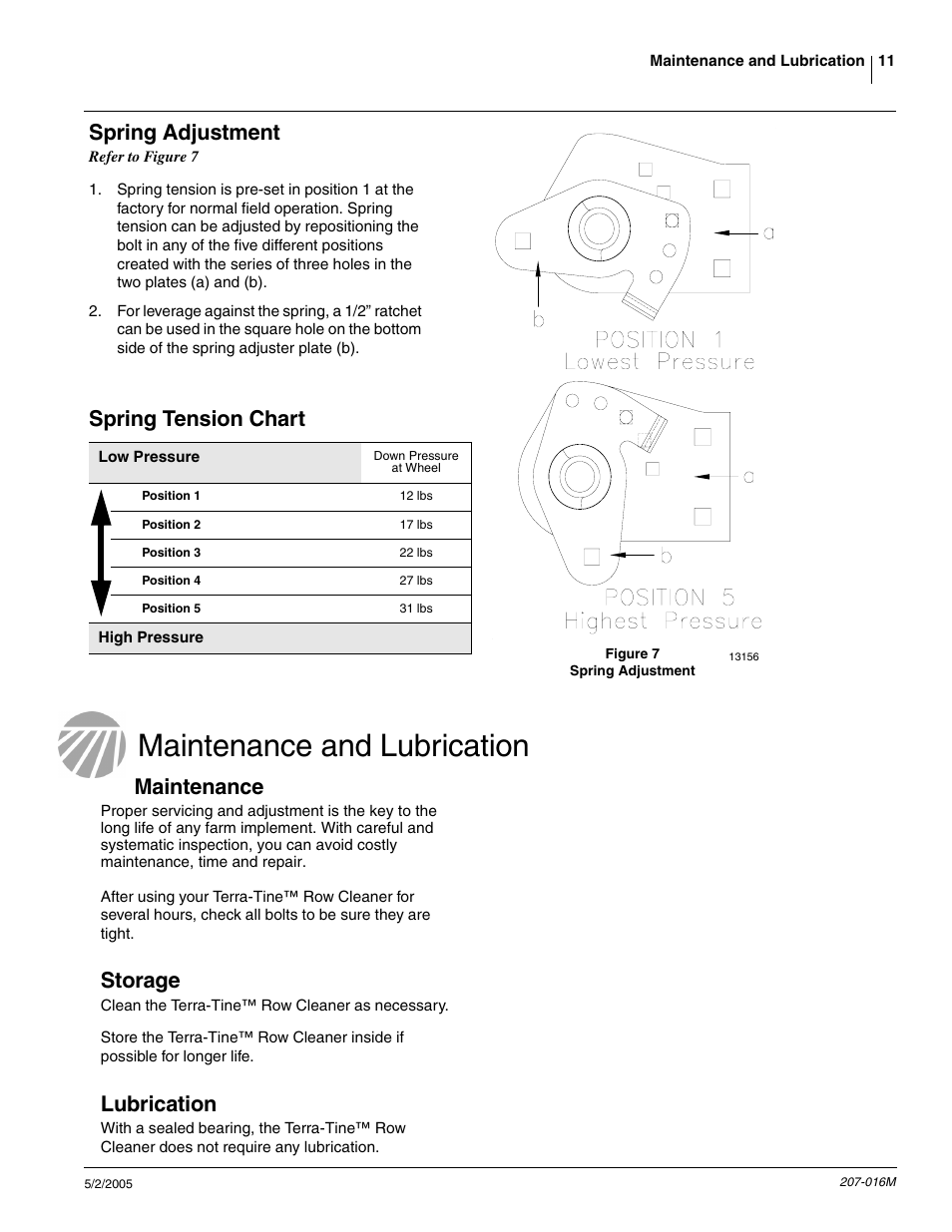 Maintenance and lubrication, Spring adjustment, Spring tension chart | Maintenance, Storage, Lubrication | Great Plains Terra-Tine Row Cleaner User Manual | Page 13 / 31