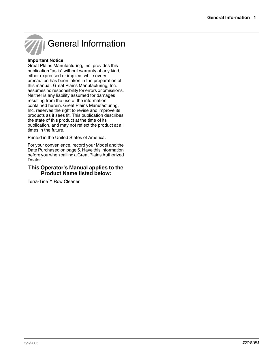 General information | Great Plains Terra-Tine Row Cleaner User Manual | Page 3 / 31