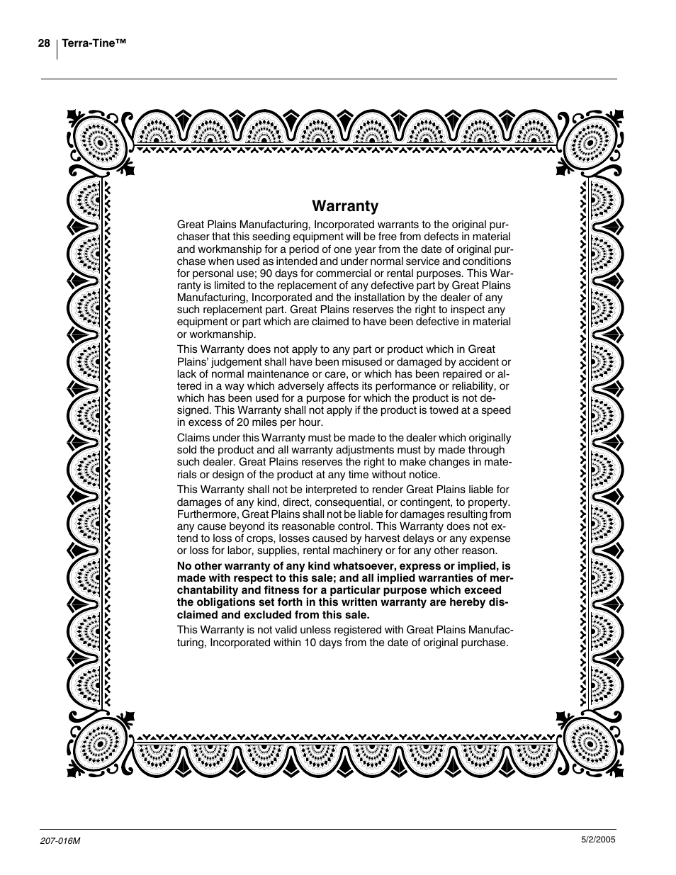 Warranty | Great Plains Terra-Tine Row Cleaner User Manual | Page 30 / 31
