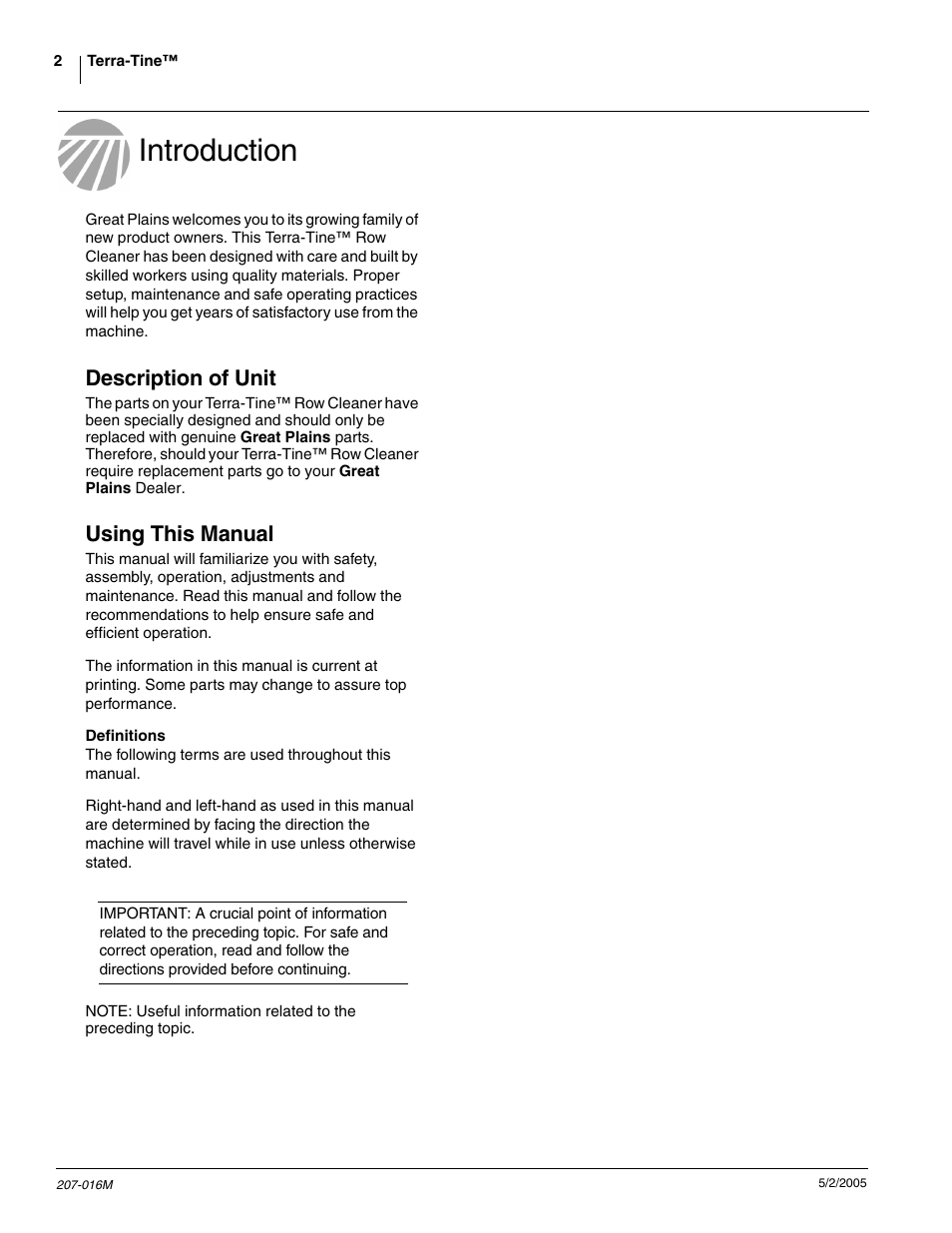 Introduction, Description of unit, Using this manual | Great Plains Terra-Tine Row Cleaner User Manual | Page 4 / 31