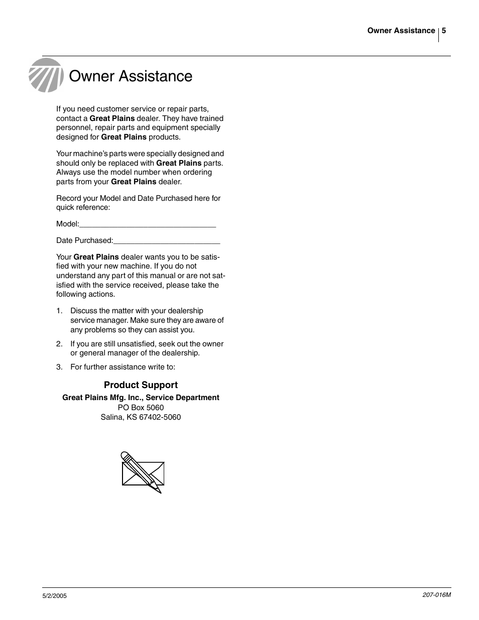 Owner assistance | Great Plains Terra-Tine Row Cleaner User Manual | Page 7 / 31