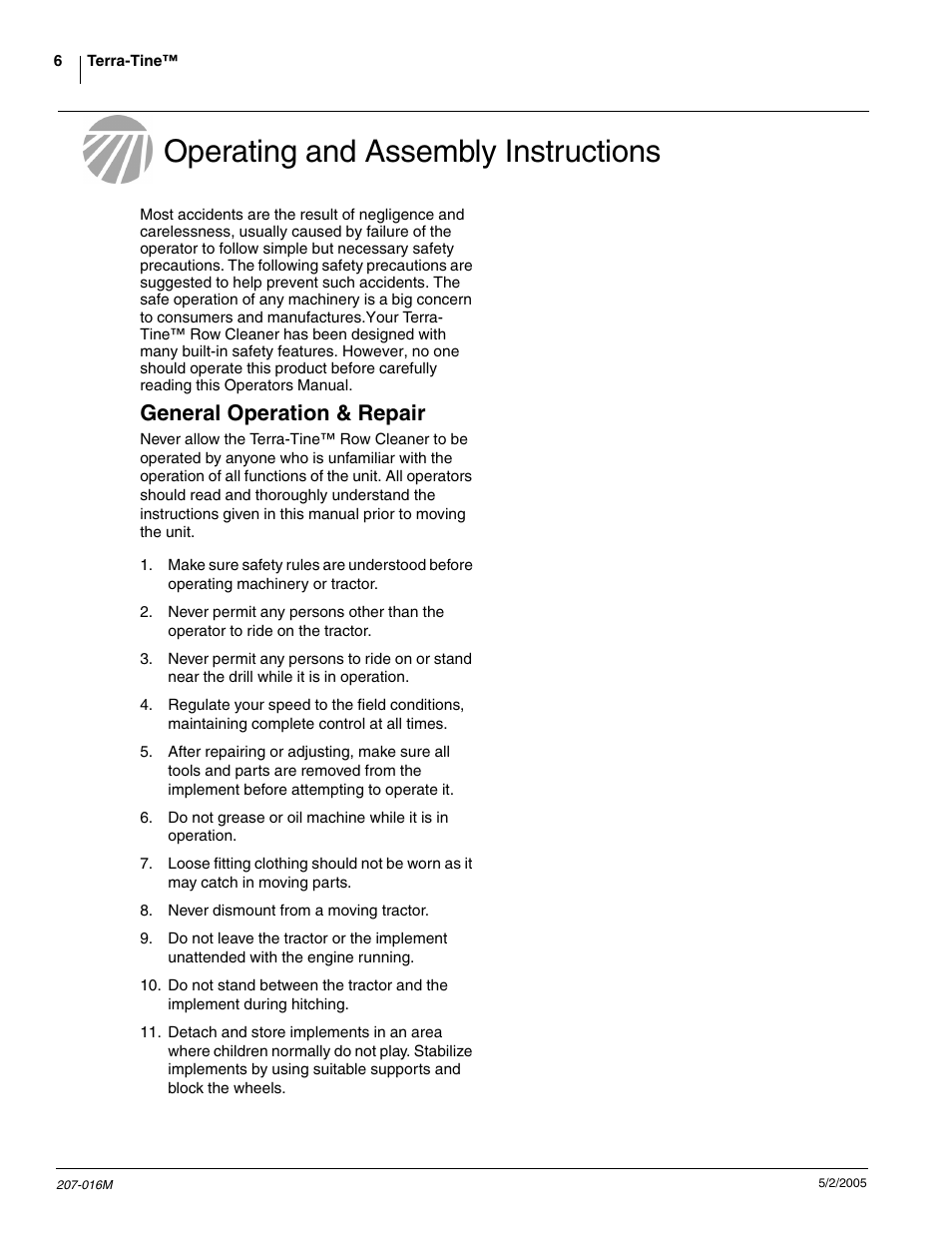 Operating and assembly instructions, General operation & repair | Great Plains Terra-Tine Row Cleaner User Manual | Page 8 / 31