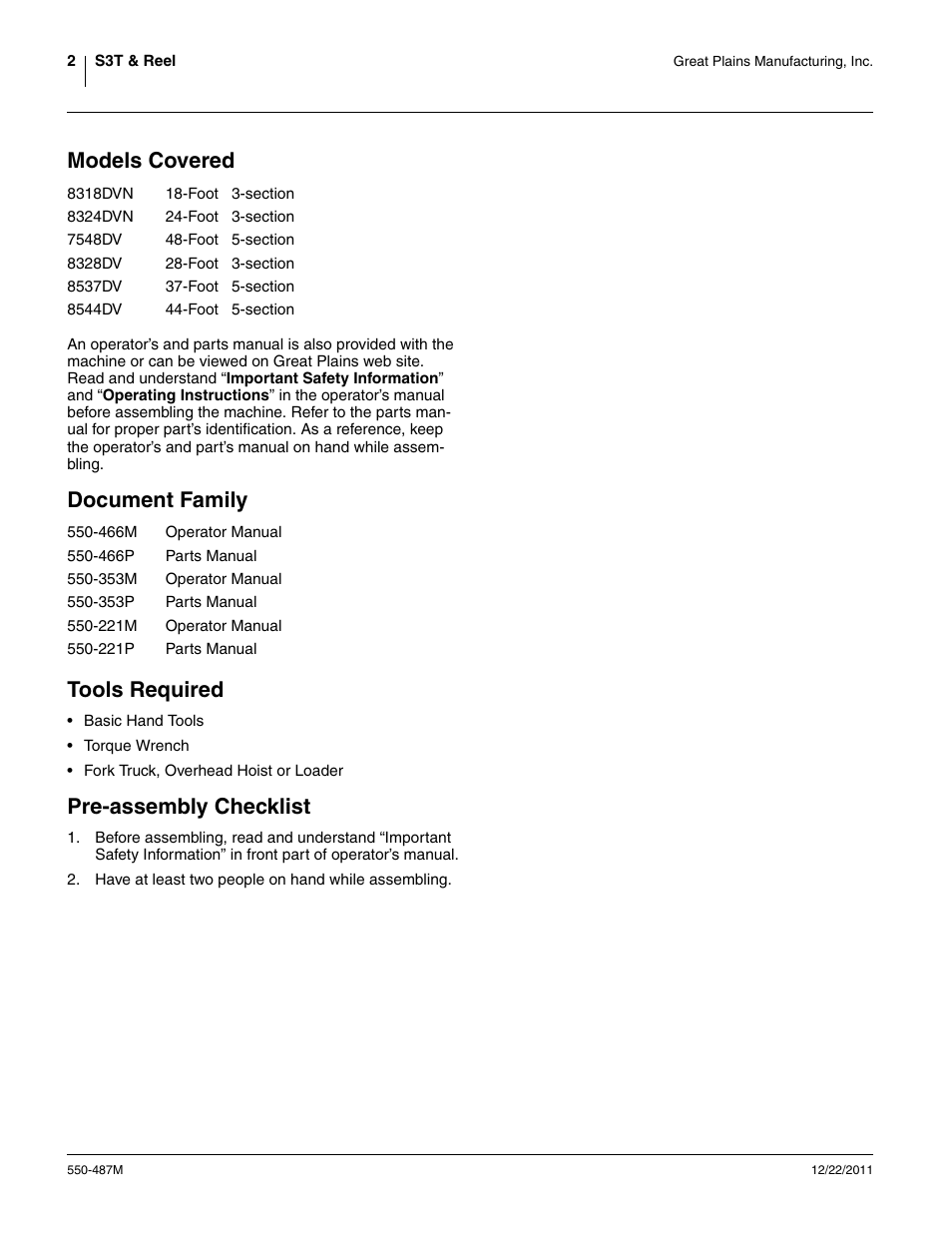 Models covered, Document family, Tools required | Pre-assembly checklist, Document family tools required | Great Plains S3T User Manual | Page 2 / 22