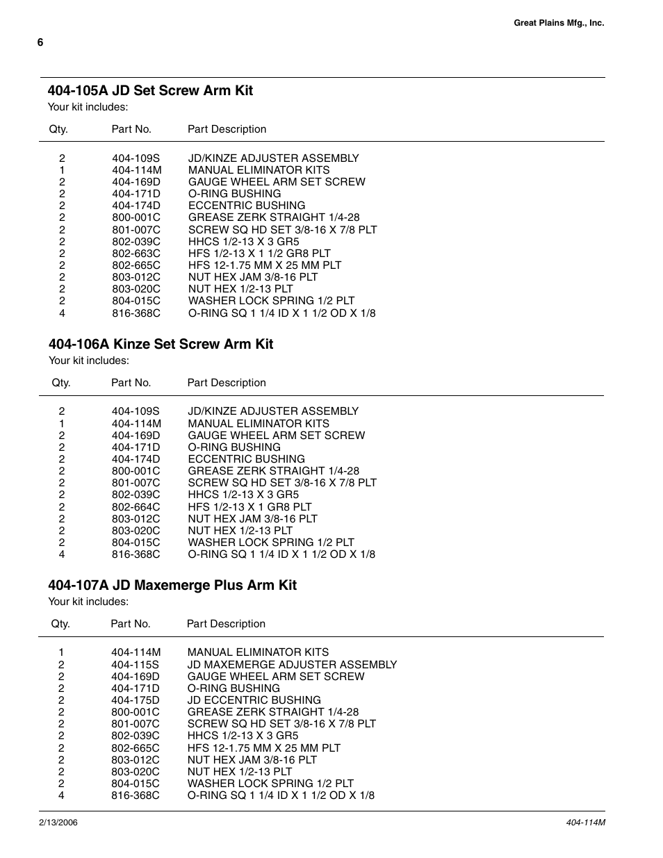 105a jd set screw arm kit, 106a kinze set screw arm kit, 107a jd maxemerge plus arm kit | Great Plains Eliminator Kit User Manual | Page 6 / 7