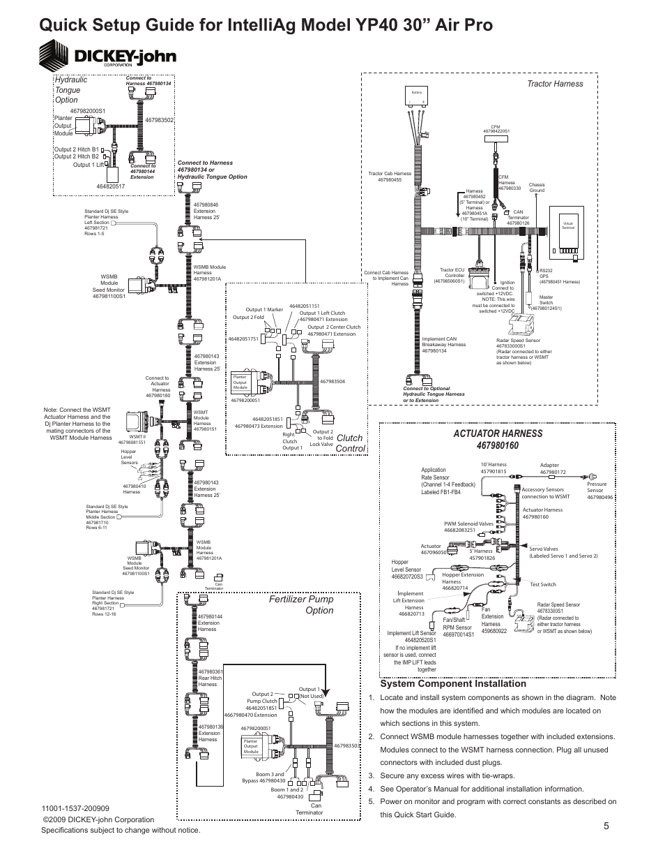 System component installation, Fertilizer pump option, Clutch control | Tractor harness, Hydraulic tongue option | Great Plains YP4025A-1630 16-Row 30-Inch Quick Start User Manual | Page 5 / 5