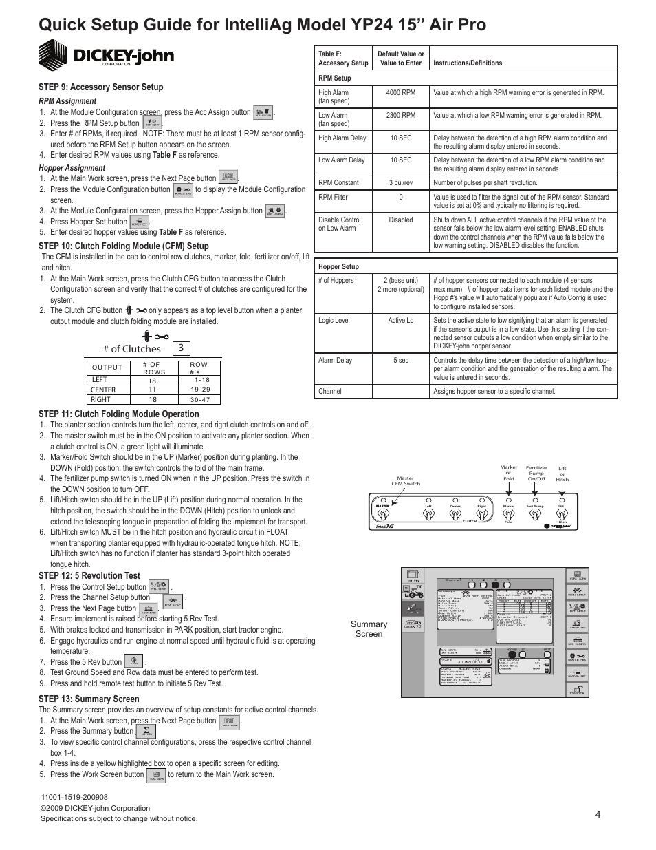 Of clutches 3, Step 10: clutch folding module (cfm) setup, Step 11: clutch folding module operation | Step 12: 5 revolution test, Step 13: summary screen, Step 9: accessory sensor setup | Great Plains YP2425A-4715 47 Row 15-Inch Quick Start User Manual | Page 4 / 5