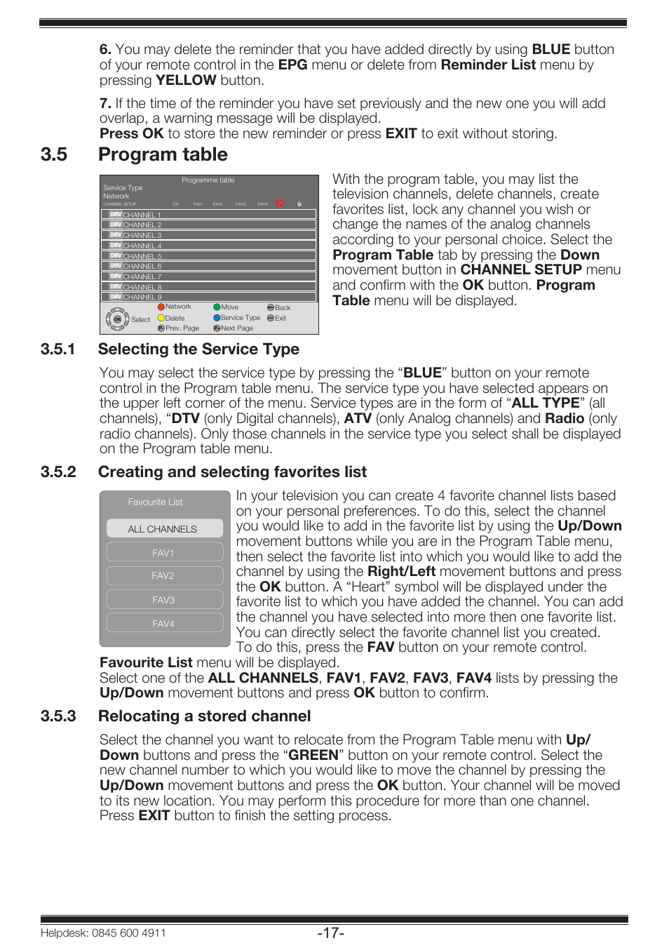 5 program table, 1 selecting the service type, 2 creating and selecting favorites list | 3 relocating a stored channel | Beko 19WLP530HID User Manual | Page 19 / 46