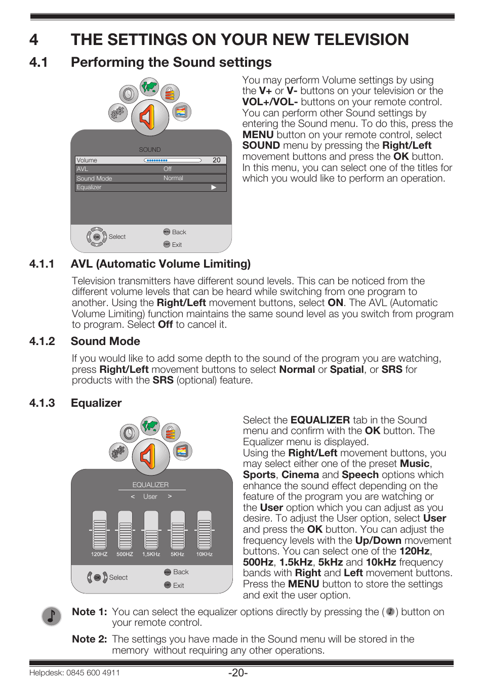 4the settings on your new television, 1 performing the sound settings | Beko 19WLP530HID User Manual | Page 22 / 46