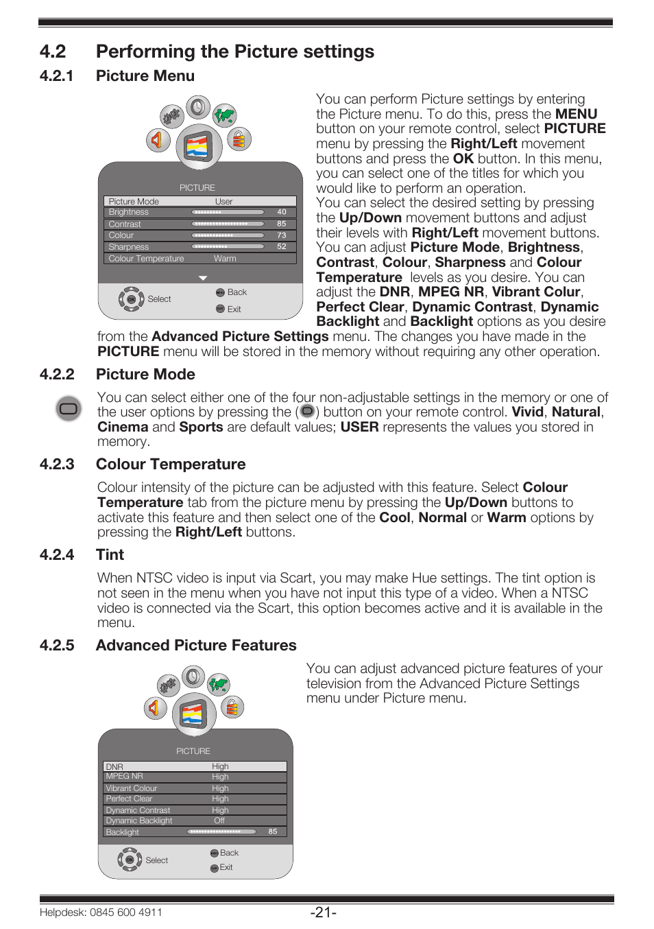 2 performing the picture settings, 1 picture menu, 2 picture mode | 3 colour temperature, 4 tint, 5 advanced picture features | Beko 19WLP530HID User Manual | Page 23 / 46