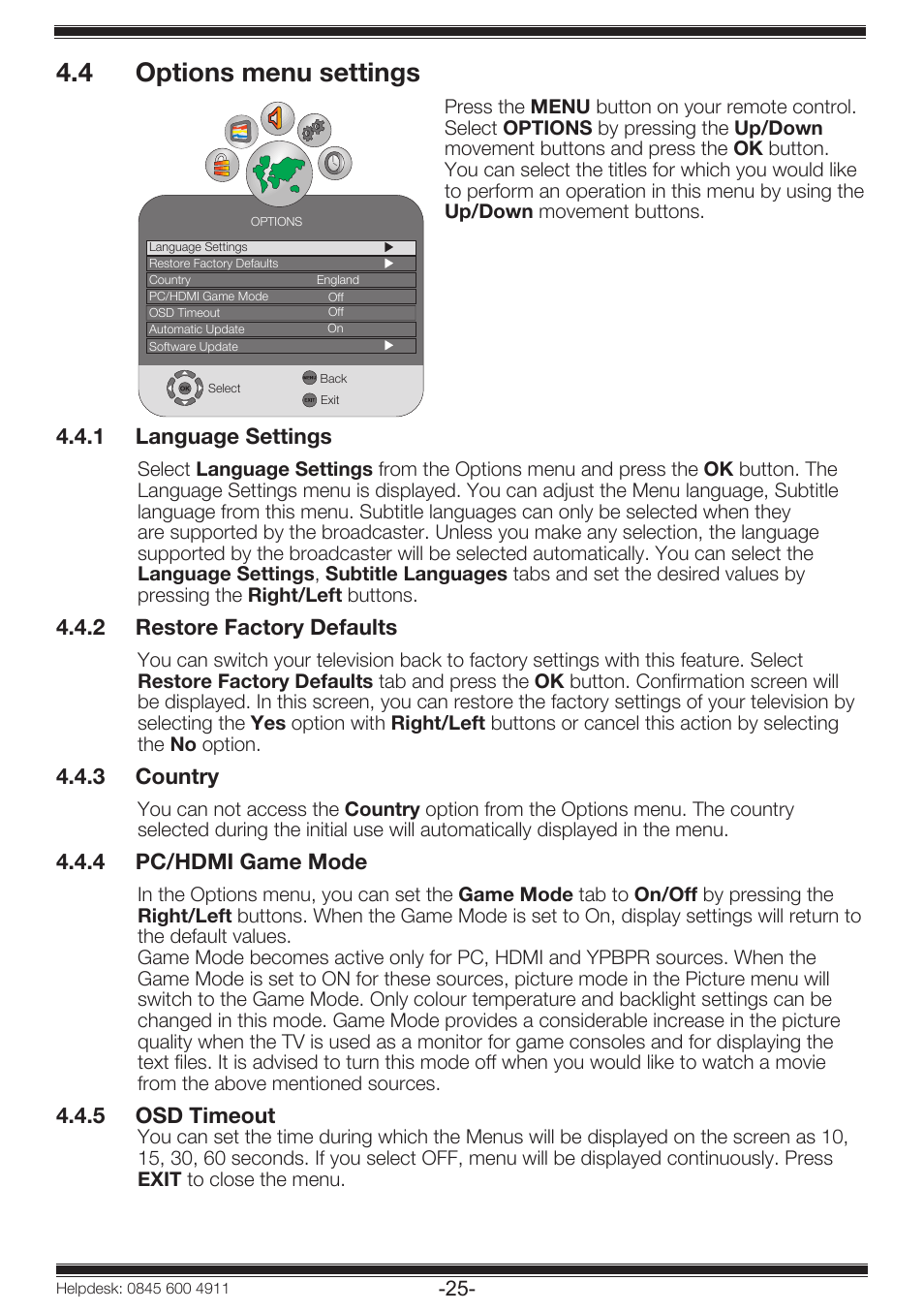 4 options menu settings | Beko 19WLP530HID User Manual | Page 27 / 46