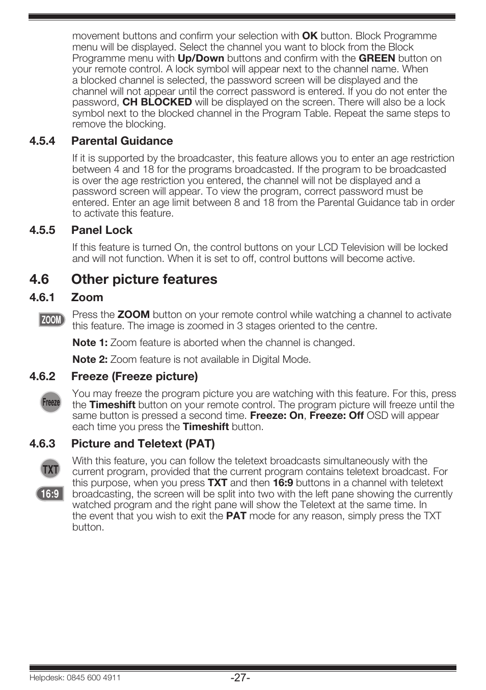 6 other picture features | Beko 19WLP530HID User Manual | Page 29 / 46