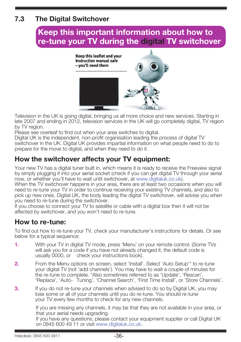 3 the digital switchover, How the switchover affects your tv equipment, How to re-tune | Beko 19WLP530HID User Manual | Page 38 / 46