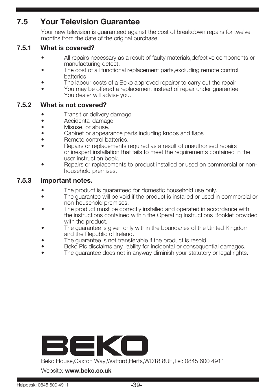 5 your television guarantee | Beko 19WLP530HID User Manual | Page 41 / 46