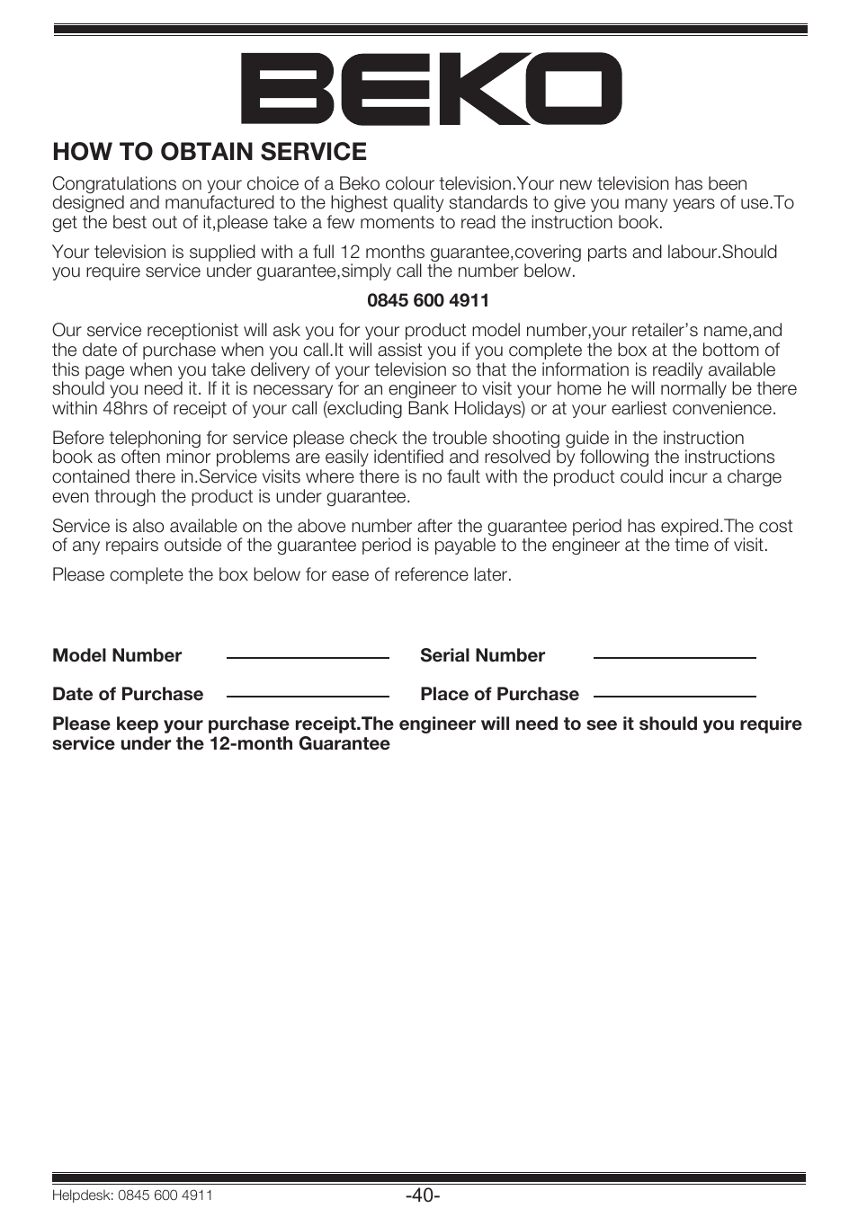 How to obtain service | Beko 19WLP530HID User Manual | Page 42 / 46