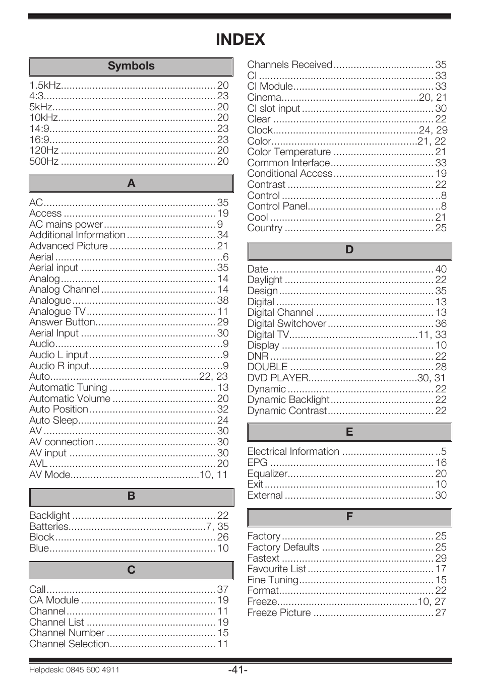 Index | Beko 19WLP530HID User Manual | Page 43 / 46