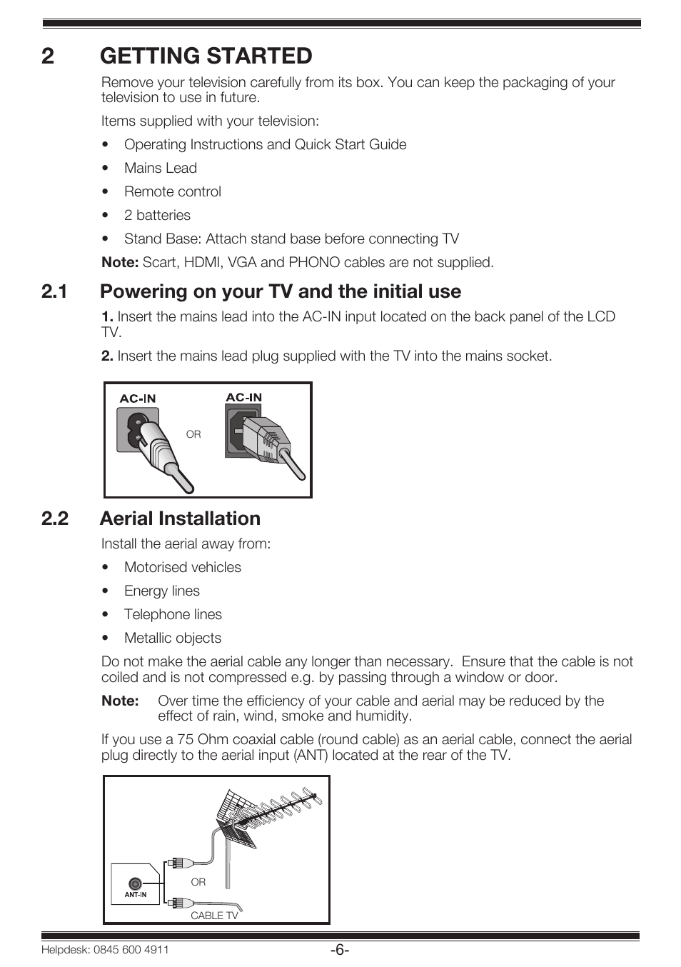 2getting started, 1 powering on your tv and the initial use, 2 aerial installation | Beko 19WLP530HID User Manual | Page 8 / 46