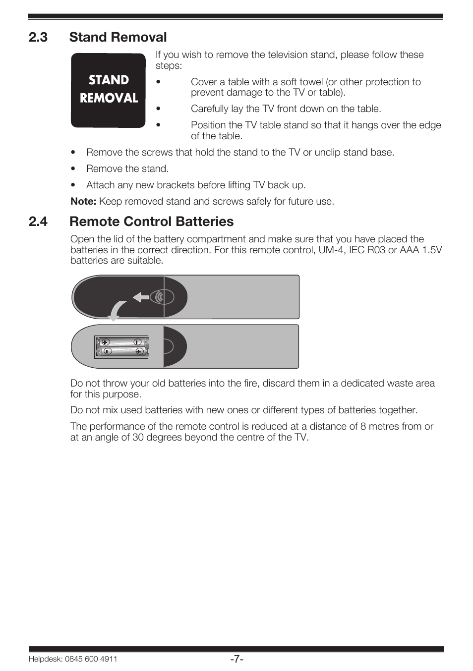 3 stand removal, 4 remote control batteries | Beko 19WLP530HID User Manual | Page 9 / 46