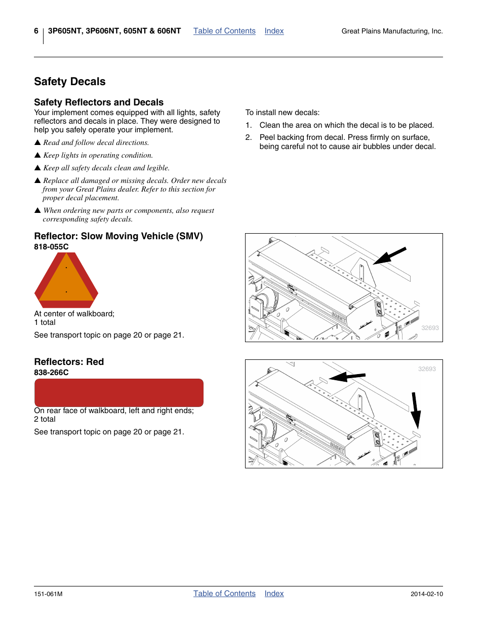 Safety decals, Safety reflectors and decals, Reflector: slow moving vehicle (smv) | 055c, Reflectors: red, 266c | Great Plains 606NT Operator Manual User Manual | Page 10 / 80