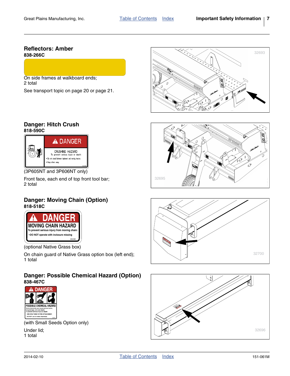 Reflectors: amber, 266c, Danger: hitch crush | 590c, Danger: moving chain (option), 518c, Danger: possible chemical hazard (option), 467c, Danger | Great Plains 606NT Operator Manual User Manual | Page 11 / 80