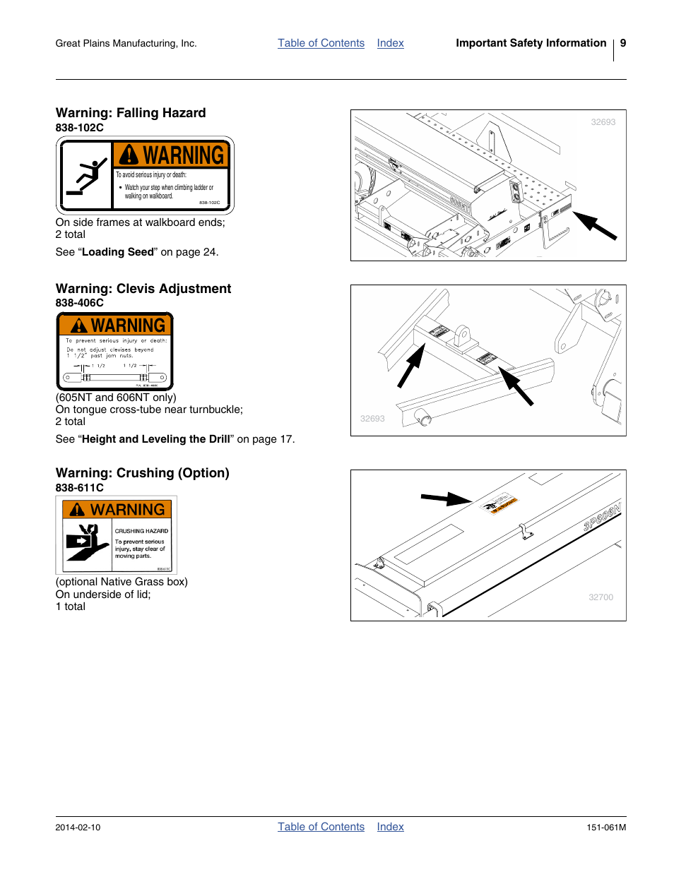Warning: falling hazard, 102c, Warning: clevis adjustment | 406c, Warning: crushing (option), 611c, Warning | Great Plains 606NT Operator Manual User Manual | Page 13 / 80