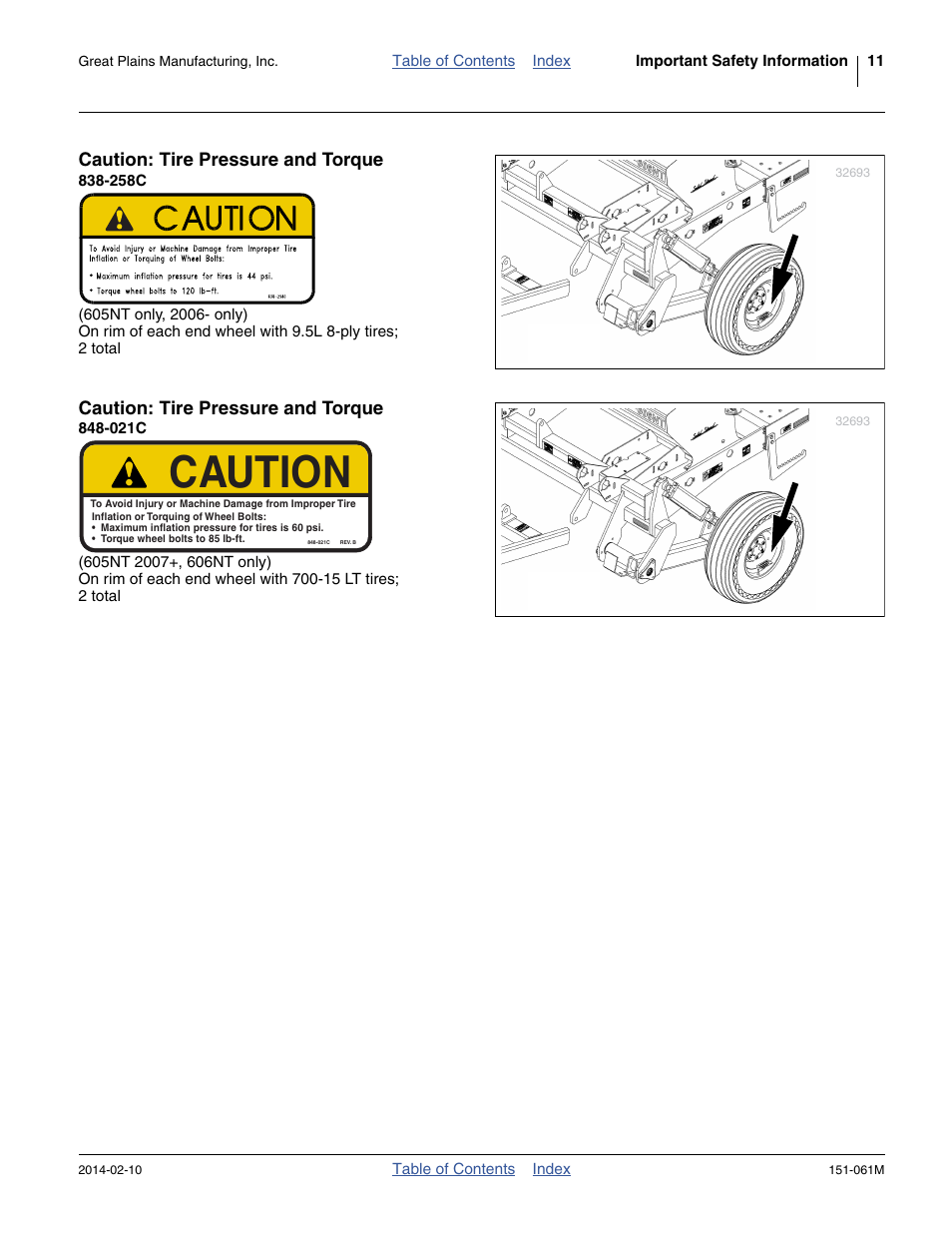 Caution: tire pressure and torque, 258c, 021c | Caution | Great Plains 606NT Operator Manual User Manual | Page 15 / 80