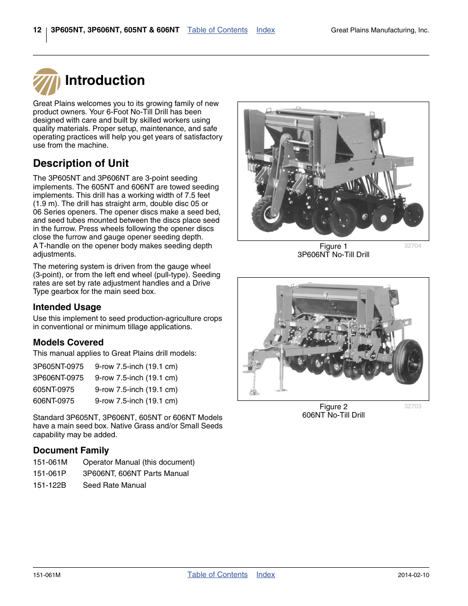 Introduction, Description of unit, Intended usage | Models covered, Document family, Introduction description of unit, Intended usage models covered document family | Great Plains 606NT Operator Manual User Manual | Page 16 / 80