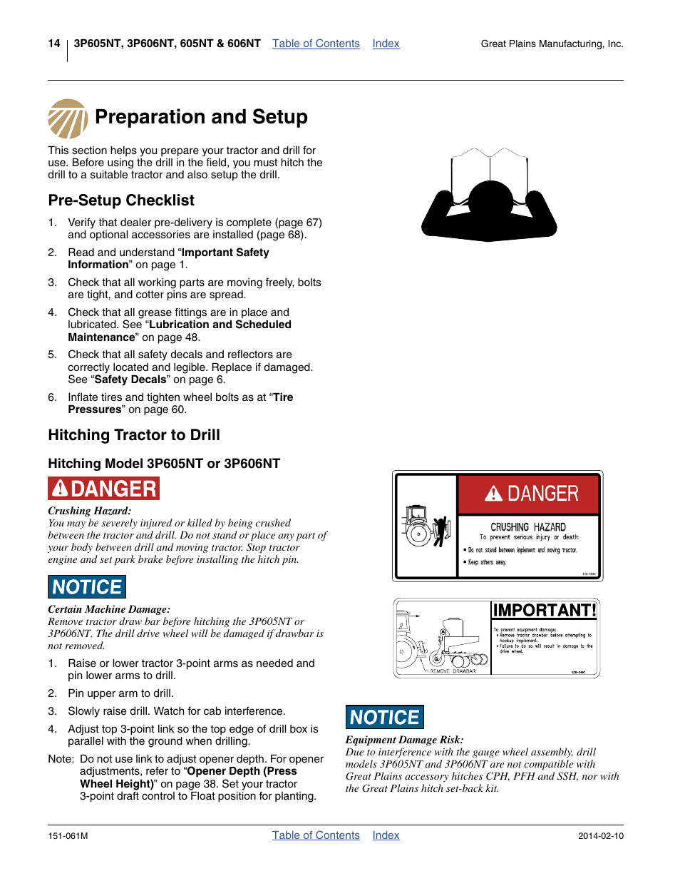 Preparation and setup, Pre-setup checklist, Hitching tractor to drill | Hitching model 3p605nt or 3p606nt | Great Plains 606NT Operator Manual User Manual | Page 18 / 80