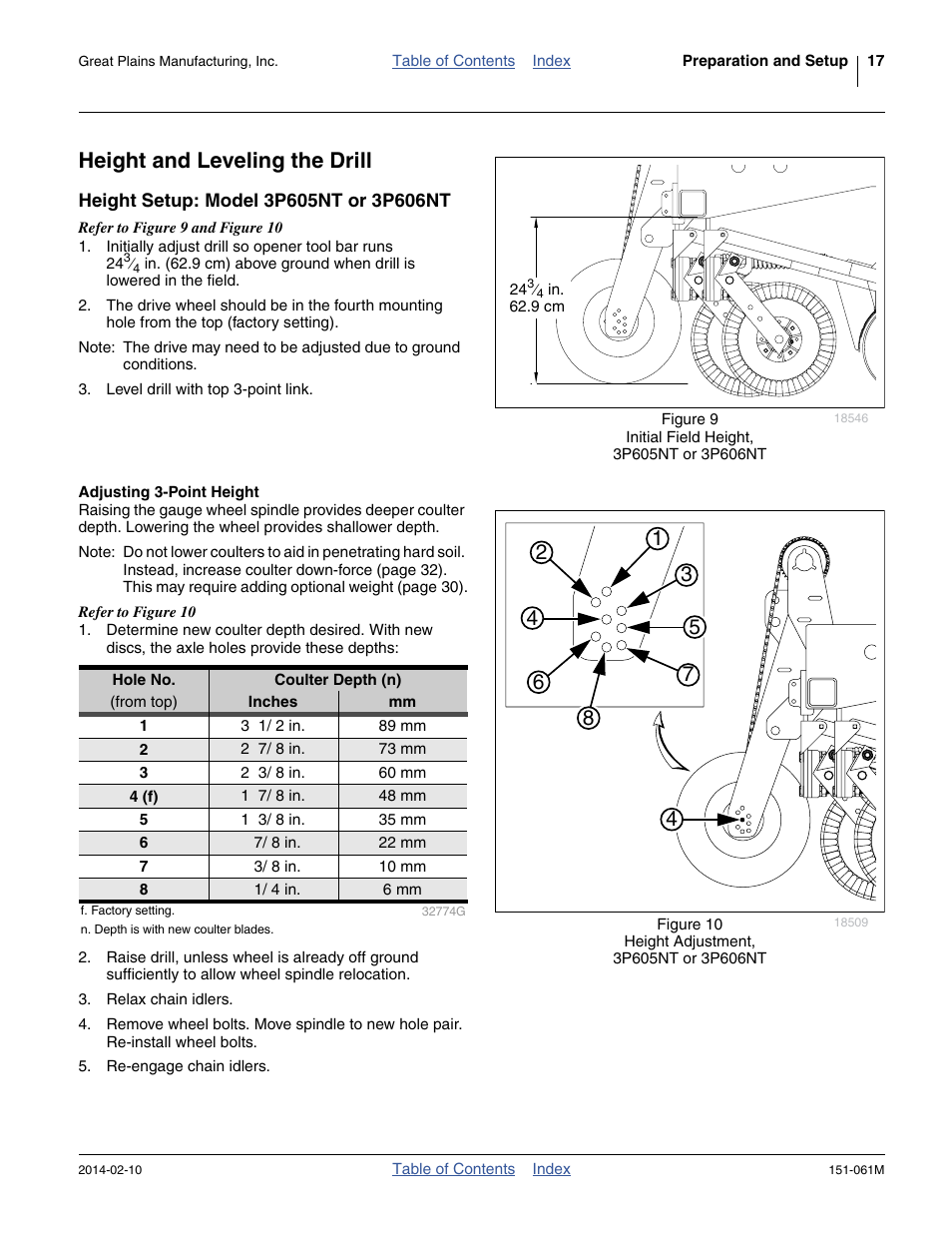 Height and leveling the drill, Height setup: model 3p605nt or 3p606nt, Adjusting 3-point height | Great Plains 606NT Operator Manual User Manual | Page 21 / 80