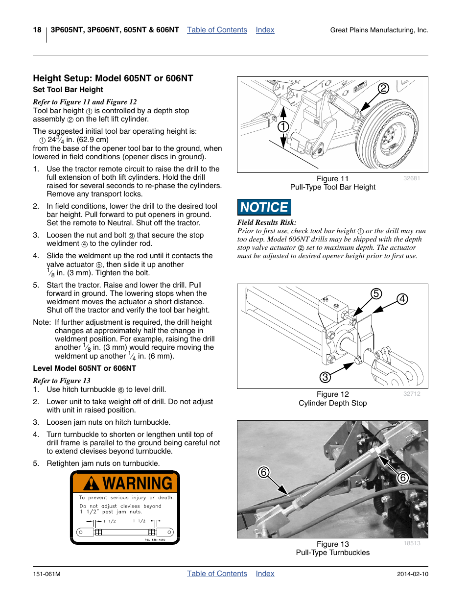 Height setup: model 605nt or 606nt, Set tool bar height, Level model 605nt or 606nt | Set tool bar height level model 605nt or 606nt, Warning | Great Plains 606NT Operator Manual User Manual | Page 22 / 80